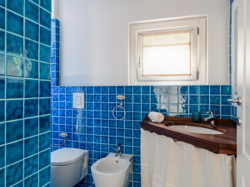 Blau gekacheltes Bad 2 mit Waschbecken, Toilette, WC, Dusche und Fenster Blau gekacheltes Bad 2 mit Waschbecken, Toilette, WC, Dusche und Fenster
