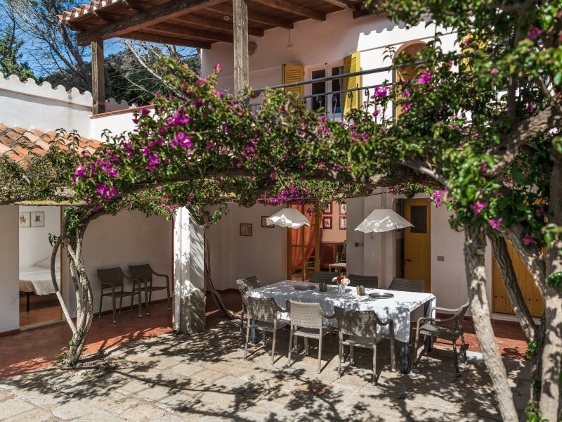 Innenhof mit Esstisch im Freien und romantischem Bougainville Innenhof mit Esstisch im Freien und romantischem Bougainville
